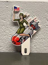 American Patriotic Atomic Bomb Girl Thick Metal Plate Topper Pin Up Sign Gas Oil picture