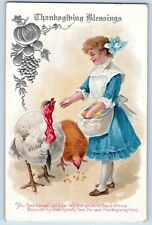 Aurora OR Postcard Thanksgiving Blessings Young Girl Feeding Turkeys Embossed picture