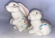 Vintage Pr White Bunny Rabbits  Porcelain Figurine w/ Flowers picture