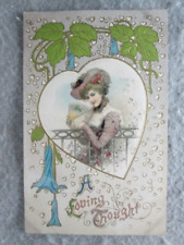 Antique A Loving Thought Postcard, Woman With Fancy Hat And Fan picture