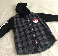 Pokémon Pikachu Plaid Flannel Shirt Hoodie Poké Ball Snap Front Size Small Youth picture