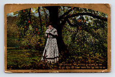 c1919 He Loves Me He Loves Me Not Woman Under Apple Tree Gold Border Postcard picture