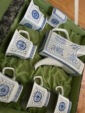 Vintage Chinese Tea Set In Box 6 Cups Tea Pot Blue White picture