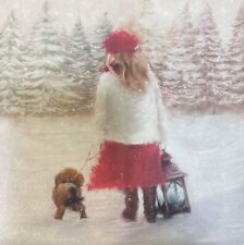 TWO Individual Decoupage Paper Lunch Napkin Christmas Vintage Girl Dog Snow picture