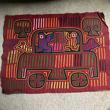 Two People Riding a Car Panama Hand Made Mola Fabric Cloth Tapestry 19