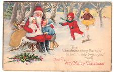 Children Greet Santa Claus in Wintery Forest ~Vintage Stecher Christmas Postcard picture