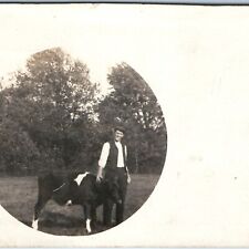 1912 Brookfield, MA Cancel RPPC Young Man w/ Calf Newsboy Flat Ivy Cap Hat A245 picture