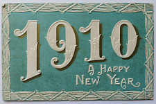 Antique 1909 A Happy New Year Large 1910 Numbers Golden Rim Embossed Postcard picture