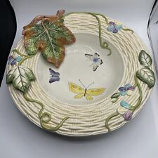 FITZ & FLOYD OLD WORLD RABBITS LARGE 15” BOWL BUTTERFLY LEAVES BASKET WEAVE picture
