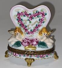 Limoges France Chamart Trinket Heart Box “Je T’aime” Vintage w/ Roses & Angels picture