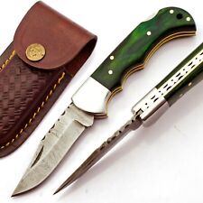 Custom Handmade Damascus Folding Knife with Green Wood Handle picture