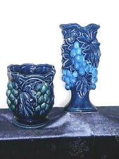 Vintage Blue Porcelain CERAMIC Vases/Jars JAPAN ROSSINI set of 2 Grapes, leaves  picture