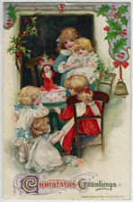 Victorian Children with Tiny Santa Claus~Antique Winsch Christmas Postcard~k580 picture