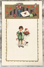 Valentines Day Romance Card Child Holding Flower Basket with Dog Postcard 2241 picture