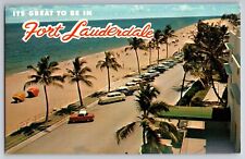 postcard Its Great To Be In Fort Lauderdale Florida Beach Scene old cars c1960's picture