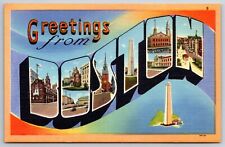 Boston Massachusetts~Monument & Greeting~Large Letter Vintage Linen Postcard picture