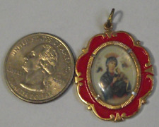 Vtg ornate red enamel color print Our Lady of Perpetual Help pendant medal Italy picture