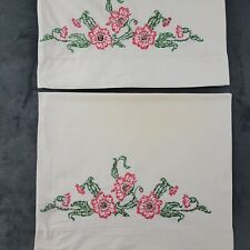 Vtg Pillowcases Hand Embroidered Pair Standard White with Pink Floral picture