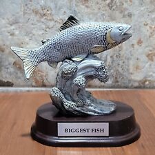 Fishing Award Trophy Resin Bass Figure in Pewter Finish Biggest Fish Plate Wood picture