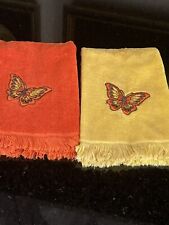 Vintage Fieldcrest Embroidered Butterfly Fingertip Towels MCM NEAR Mint Set Of 2 picture