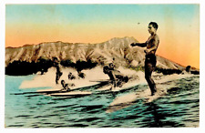 Vintage Postcard-Tandem Surf Riding At Waikiki-1944-Free Ship picture
