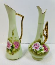 VINTAGE LEFTON CHINA GREEN ROSES SMALL PITCHER BUD VASE GOLD TRIM HAND-PAINTED/2 picture