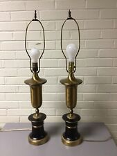 ANTIQUE VTG PAIR BLACK & BRASS TABLE LAMPS MID CENTURY MODERN 3 WAY SWITCH WORKS picture