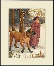 MASTIFF AND BOY IN THE SNOW CHARMING DOG PRINT MOUNTED READY TO FRAME picture