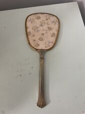 Vtg Hand Mirror Flowers Floral Embroidery Brass Tone Dresser Vanity Victorian picture