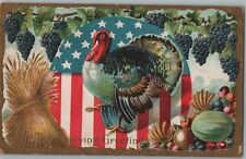 Thanksgiving Patriotic Postcard American Flag Turkey Grapes Gilt Edge picture