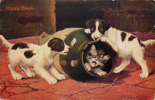 A/S Cobbs Animal Art Postcard Tabby Cat in Jug 2 Playing Puppies Dogs Happy Days picture
