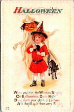 Vintage 1910's Nash Little Red Witch Giant JOL & Black Cat Halloween Postcard picture