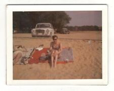 Vtg Polaroid Photo Pretty Young Woman Swimsuit Beach Classic Cars 1960's R160A picture