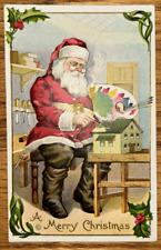 Antique Christmas Postcard Santa Smoking Pipe Painting Dollhouse Colorful Look picture