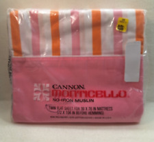 Cannon Monticello Vintage Sheet Twin Size Flat VTG NOS Muslin Pink Orange Stripe picture