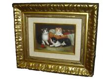 Antique Oil Painting on Board Three Kittens Cats Playing W/ Ball Of Yarn Signed. picture