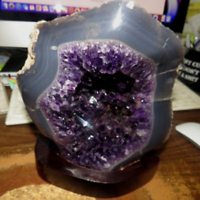 LG. AMETHYST CRYSTAL CLUSTER  CATHEDRAL GEODE FROM URUGUAY WOOD STAND BLUE AGATE picture