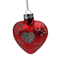 Red Heart Shaped Ornament with Sliver Glitter Heart Design picture