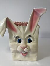 Vintage Ceramic Easter Bunny With Eyelashes Basket Planter Décor white pink picture