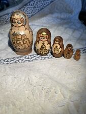 Natural Wood Burned Matryoshka Russian 5pc Nesting Dolls w/ Gold Accents picture
