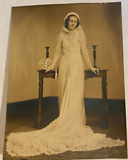 1930s 7x9 Black and White Photograph of Beautiful Bride in Her Wedding Dress picture