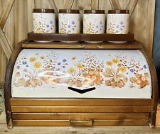 Vintage Bread Box Canister Set Metal Wood Retro Floral picture