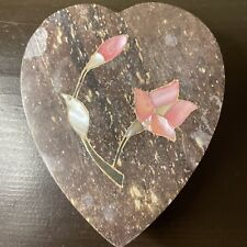 Vintage Stone Heart Trinket Box  Mother of Pearl Abalone Flower Inlay 4x3x1.25 picture