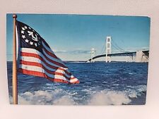 Vintage Postcard Mackinac Bridge Lake Michigan Huron Flag Water Wonderland picture