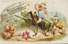 ca. 1880's Vintage Victorian Greeting Card Flower babies Playing w/ Grasshopper. picture