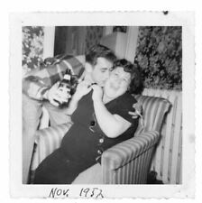 Snapshot Photo Of A Man Playfully Kissing A Lady 1952 Black & White Picture picture