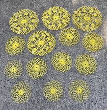 VINTAGE SET OF 14 YELLOW ROUND HAND CROCHET MACRAME DOILIES PLACEMATS TRIVETS picture
