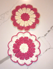 2 Vintage Pink & White Crocheted Hot Pad Doilies picture