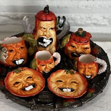 Vintage Halloween Miniature Anthropomorphic Pumpkin Jack O Lantern Toy Tea Set picture
