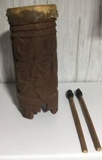 VINTAGE FOLK ART 17 INCH TALL HAND MADE WOOD AND HIDE DRUM WITH STICKS picture